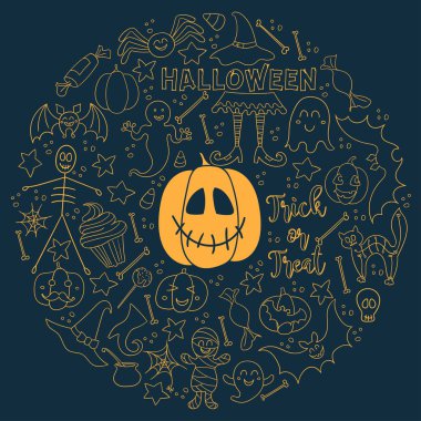 Cadılar Bayramı karanlık vektör arka plan. Büyük çizilmiş vektör tasarım öğeleri kümesi bir dairede. Çizgi resim kartı, poster, tekstil, kağıt için yazdırma.