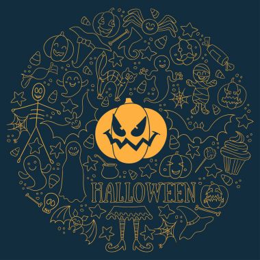 Cadılar Bayramı karanlık vektör arka plan. Büyük çizilmiş vektör tasarım öğeleri kümesi bir dairede. Çizgi resim kartı, poster, tekstil, kağıt için yazdırma.