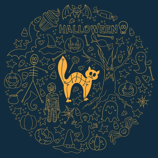 Cadılar Bayramı karanlık vektör arka plan. Büyük çizilmiş vektör tasarım öğeleri kümesi bir dairede. Çizgi resim kartı, poster, tekstil, kağıt için yazdırma.