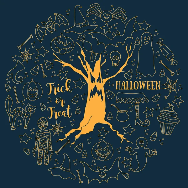 Cadılar Bayramı karanlık vektör arka plan. Büyük çizilmiş vektör tasarım öğeleri kümesi bir dairede. Çizgi resim kartı, poster, tekstil, kağıt için yazdırma.