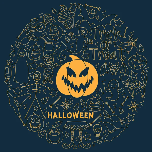 Halloween sötét vector háttér. Nagy kézzel rajzolt vektoros tervezési elemek összessége a kör. A kártya, poszter, textil, papír vonalas nyomtatása. — Stock Vector