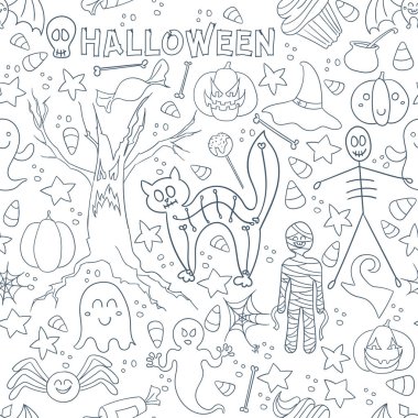 Beyaz Cadılar Bayramı vektör Dikişsiz desen. Sonsuz çizgi doku duvar kağıdı, web sayfası arka planı, ambalaj kağıdı, tekstil baskı için. Düz stil.