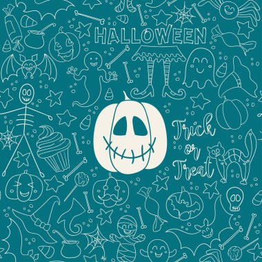 Mavi vektör geleneksel Cadılar Bayramı sembolleri ile seamless modeli. Düz stil.