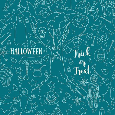 Mavi vektör geleneksel Cadılar Bayramı sembolleri ile seamless modeli. Düz stil.