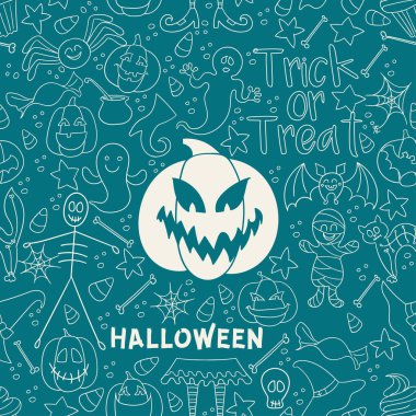 Mavi vektör geleneksel Cadılar Bayramı sembolleri ile seamless modeli. Düz stil.