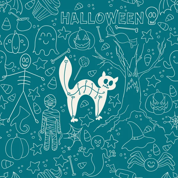 Patrón sin costura vector azul con símbolos tradicionales de Halloween. Estilo plano . — Archivo Imágenes Vectoriales