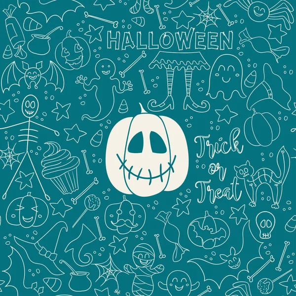 Mavi vektör geleneksel Cadılar Bayramı sembolleri ile seamless modeli. Düz stil.