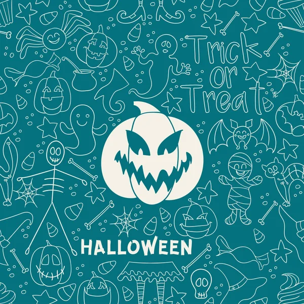 Mavi vektör geleneksel Cadılar Bayramı sembolleri ile seamless modeli. Düz stil.