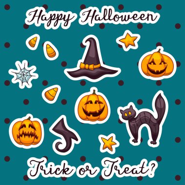Vektör toplama Cadılar Bayramı çıkartmaları karikatür tarzı. Büyük kümesinin parçası. Hurda rezervasyon için Halloween öğeleri. El sevimli vektör çizim çekilmiş. Hediye ver yoksa karışmam.