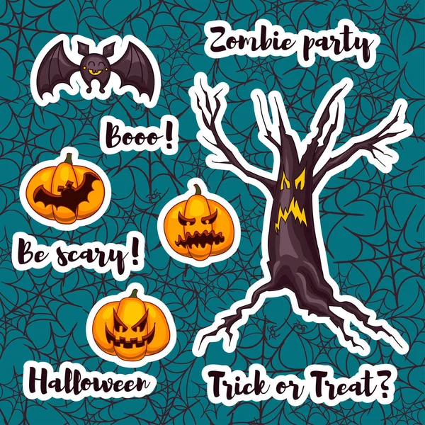 Vektorsammlung von Halloween-Stickern im Cartoon-Stil. Teil des großen Sets. Halloween-Elemente für die Verschrottung. handgezeichnete niedliche Vektorillustration. Trick oder Treatment. — Stockvektor