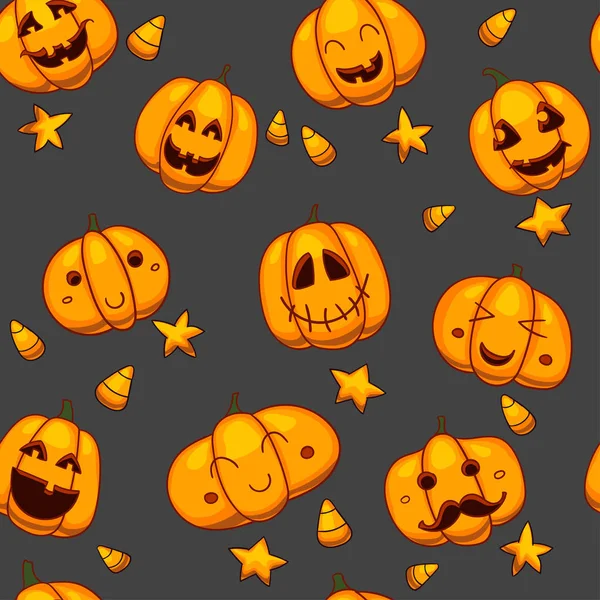 Modèle vectoriel sans couture Halloween. Texture drôle de citrouilles. Conception de dessin animé mignon pour les enfants, impressions, textile, emballage . — Image vectorielle