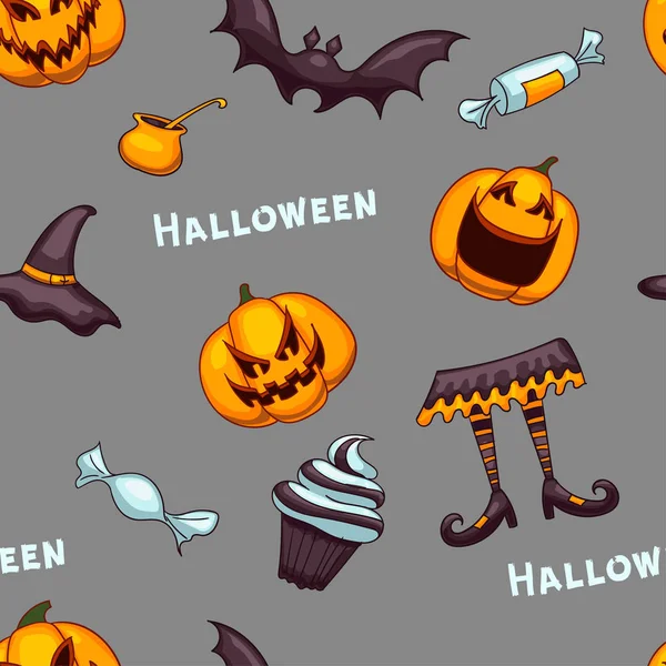 Nahtloses Vektormuster zu Halloween. Lustige Kürbisse und Fledermäuse. niedliches Cartoon-Design für Kinder, Drucke, Textilien, Verpackung. — Stockvektor