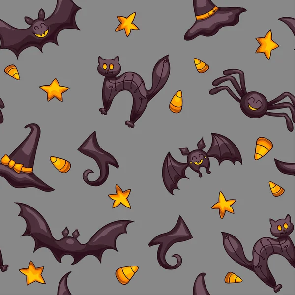 Modèle vectoriel sans couture Halloween. Drôle de texture de citrouilles et chauves-souris. Conception de dessin animé mignon pour les enfants, impressions, textile, emballage . — Image vectorielle