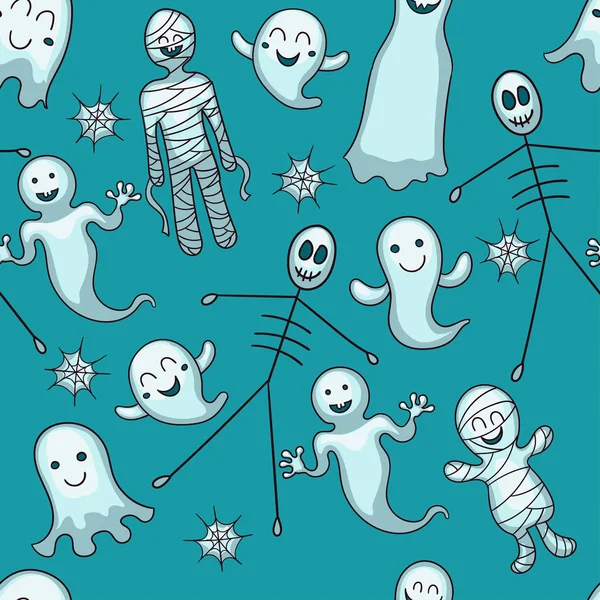 Modèle vectoriel sans couture Halloween. Texture fantômes drôles. Conception de dessin animé mignon pour les enfants, impressions, textile, emballage . — Image vectorielle