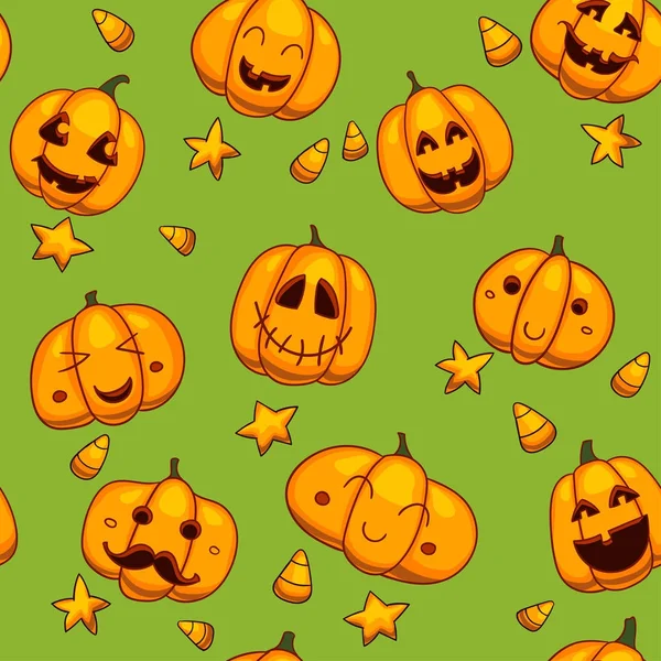 Halloween padrão vetor sem costura. Textura engraçada de abóboras. Projeto bonito dos desenhos animados para crianças, impressões, têxteis, embrulho . — Vetor de Stock