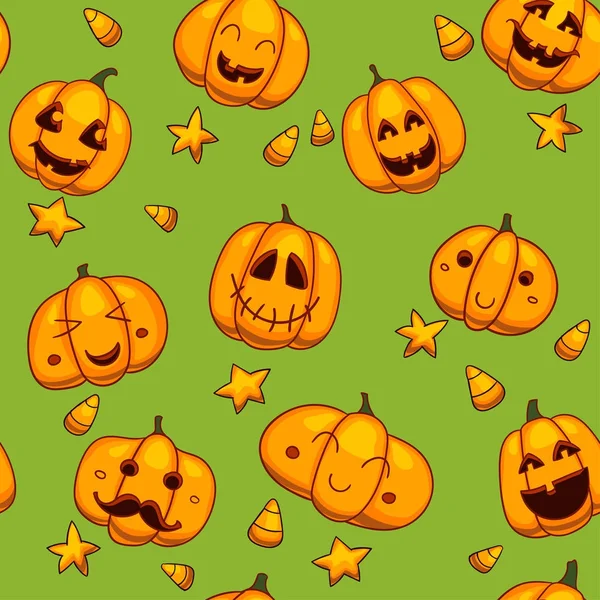 Modèle vectoriel sans couture Halloween. Texture drôle de citrouilles. Conception de dessin animé mignon pour les enfants, impressions, textile, emballage . — Image vectorielle