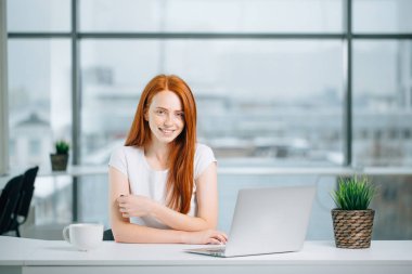 Güzel kızıl kız dizüstü bilgisayarda çalışıyor ve kameraya bakıyor.