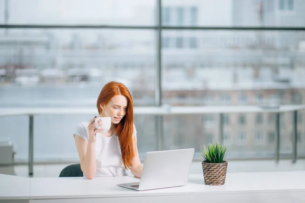 Happy smiling redhead woman working with laptop and drinking coffee