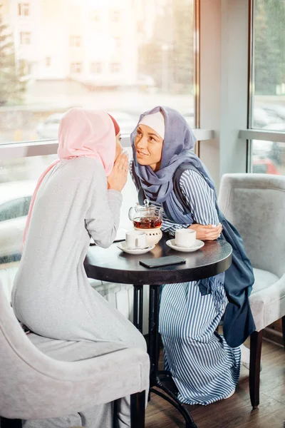 Retrato de dos mujeres hablando mientras están sentadas en el sofá disfrutando del café — Foto de Stock