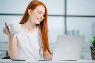 Mutlu gülümseyen kızıl saçlı kadın laptopla çalışıyor ve kahve içiyor.