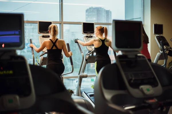 Weibchen im Fitnessstudio trainieren auf Trainingsgeräten. — Stockfoto