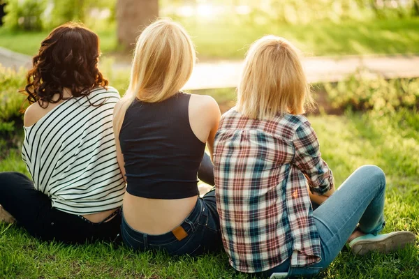 Вид сзади на трех красивых женщин, сидящих на траве и обнимающихся — стоковое фото