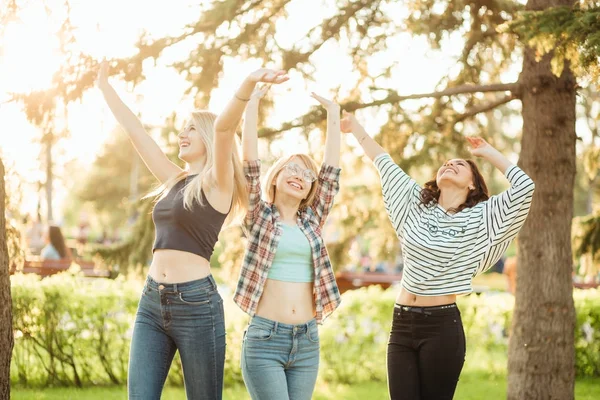 Giovani donne godendo mentre trascorrono una giornata nella natura e divertirsi e ridere — Foto Stock