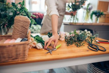 Çiçekçi Çiçek bir buket yapmak için alır