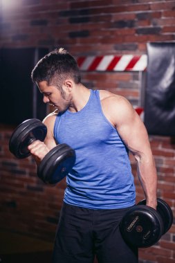 Güçlü vücut geliştirmeci dumbbells ile egzersizleri yapıyor.
