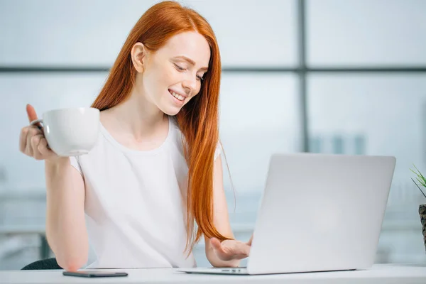 Beautiful hipster redhead woman using laptop in office