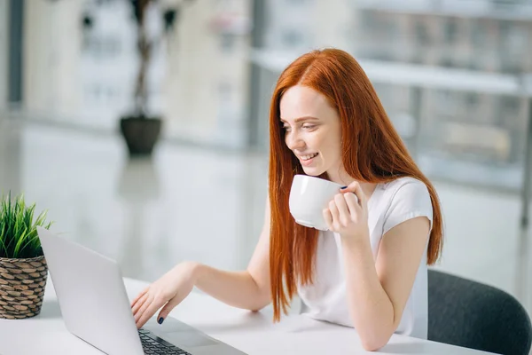 Selamat tersenyum wanita berambut merah bekerja dengan laptop dan minum kopi — Stok Foto