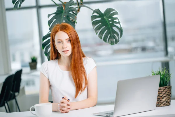 beautiful redhead girl works at laptop and looking at camera