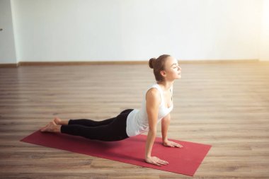 kadın pratik yoga kapalı. Güzel kız pratik Kobra asana sınıf