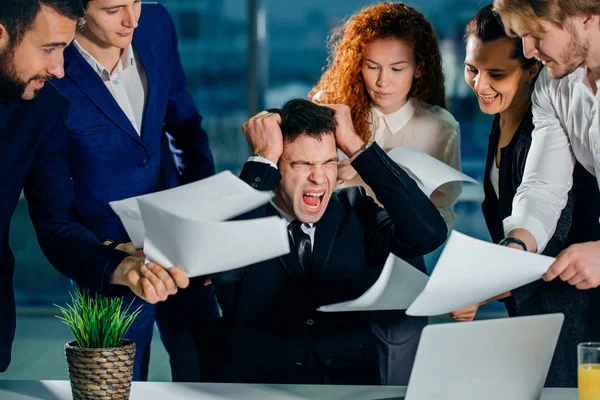 Stressed Businessman in office scream, upset with employees ask for attention — Stock Photo, Image