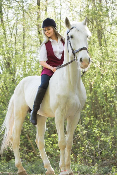 Morena mujer equitación oscuro caballo en verano verde bosque . — Foto de Stock