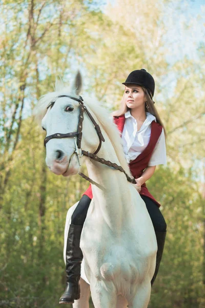 Brunette woman riding dark horse at summer green forest. — Stock Photo, Image