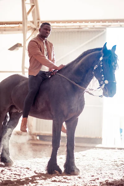 Man riding brown horse on countryside — Stock Photo, Image