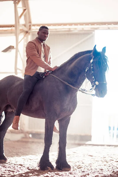 Hombre montar caballo marrón en el campo — Foto de Stock