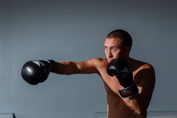 Boxning fighter trainning inomhus på grå bakgrund — Stockfoto