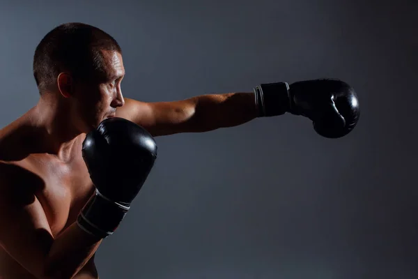 Boxning fighter trainning inomhus på grå bakgrund — Stockfoto