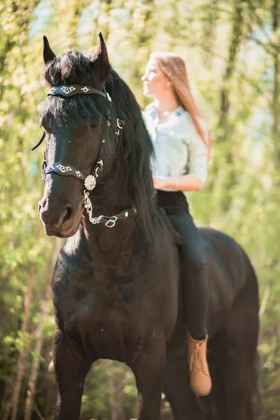 Μελαχρινή γυναίκα, ιππασία, σκοτεινό άλογο στο δάσος καλοκαίρι πράσινο. — Φωτογραφία Αρχείου