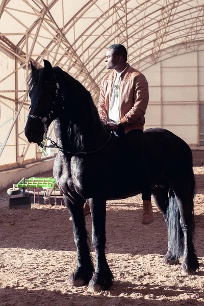 Man riding brown horse on countryside — Stock Photo, Image