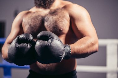 el boksör dövüş için hazır. Kavram. Güçlü kollar ve sıkışık yumruk