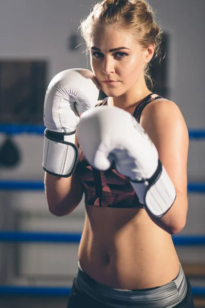 手袋ボクシング スタジオでポーズをとる女性のボクサー — ストック写真