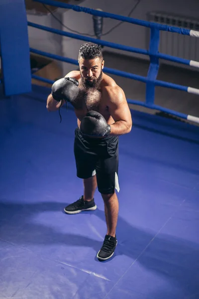 Treino de boxe masculino no ringue. Caucasiano boxer masculino em luvas pretas — Fotografia de Stock