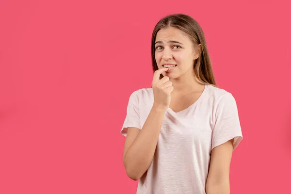 Close up photo of girl with long hair touching her aching teeth — Stock Photo, Image