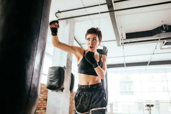 मांसपेशी महिला मुक्केबाजी में सफल रही। कुशल खेल — स्टॉक फ़ोटो, इमेज