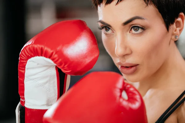 Close up image of young prettywomn learning to box in red boxing gloves — Stock Photo, Image
