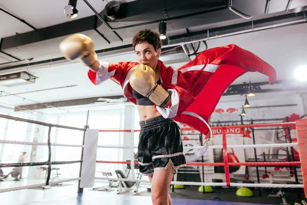 Ana sınıfı düşman vurmak nasıl gösteren profesyonel kadın boksör. — Stok fotoğraf