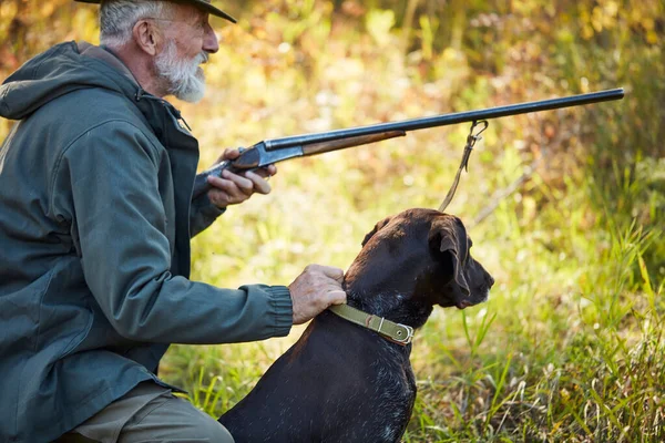 Hunter holding gun with dog look at forest
